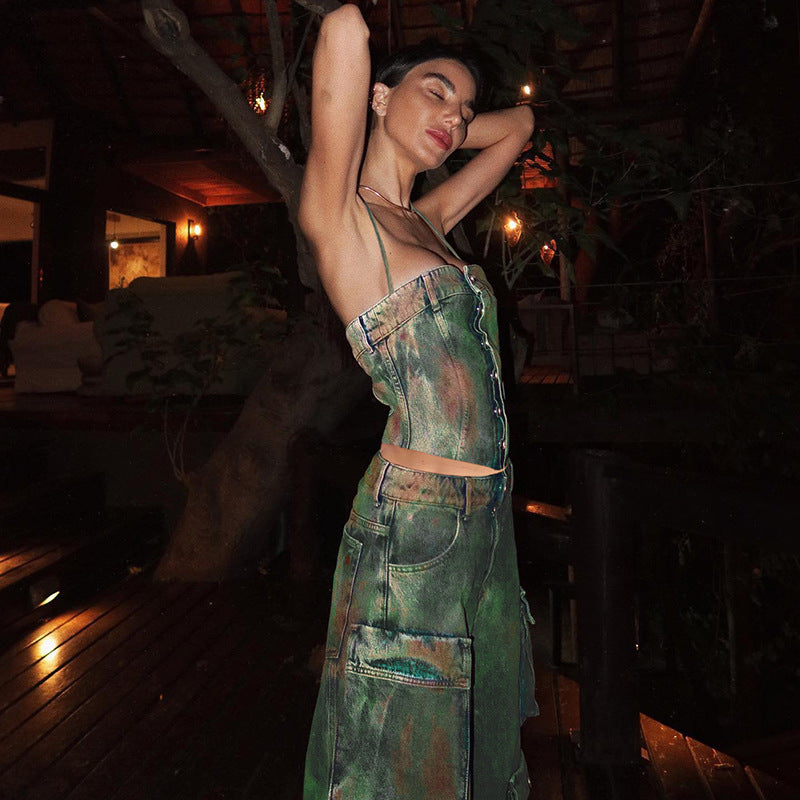 Retro Color Blooming Multi-pocket Loose Cargo Denim Trousers