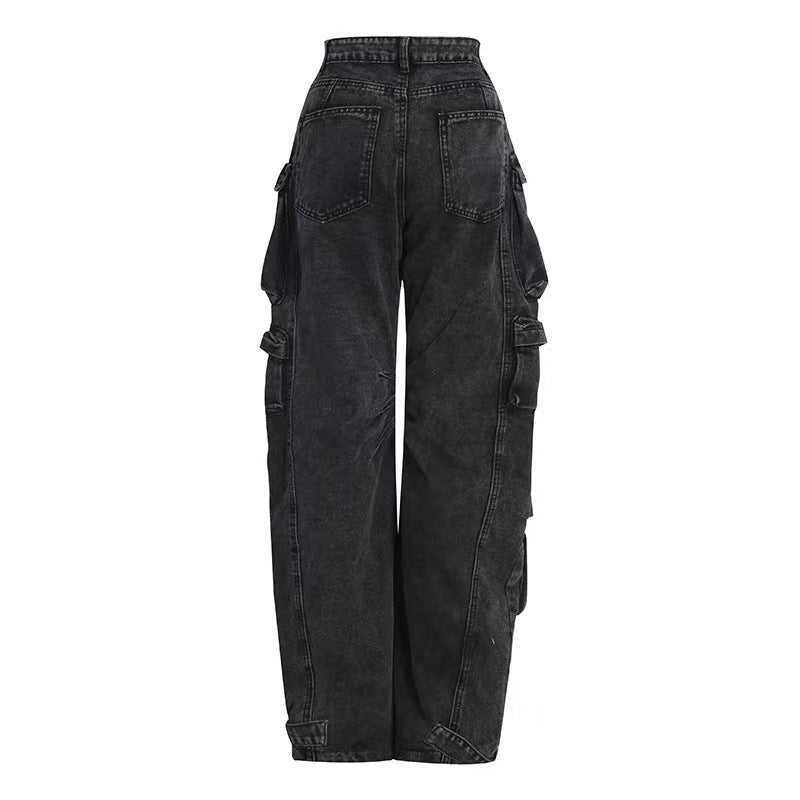 High Waist Trousers Street Hipster Multi-pocket Wide Leg Tie-dyed Jeans